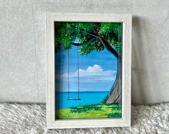 Lámina artística en gouache con vista al mar de Ghibli: decoración de pared costera
