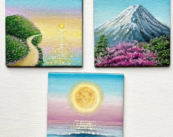 Imanes para nevera pintados a mano: Flores de cerezo y arte del Monte Fuji