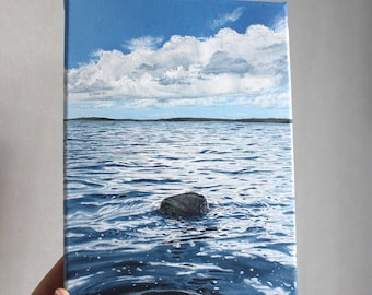 Pintura al óleo original: Serenidad costera, paisaje marino de Estocolmo (24 x 18 cm)