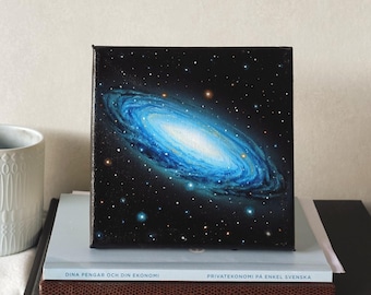Pintura al óleo de la Vía Láctea Azul: Arte espacial pequeño (15 x 15 cm)