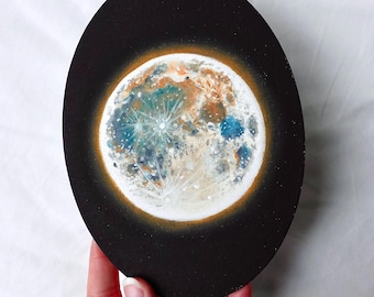 Pintura al óleo original de la Luna, arte de la Luna amarilla y azul