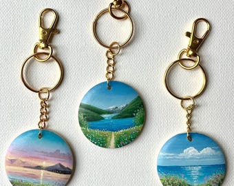 Llaveros con paisajes pintados a mano: Arte vibrante de la naturaleza, adornos primaverales para bolsos, regalo para amantes de la naturaleza.