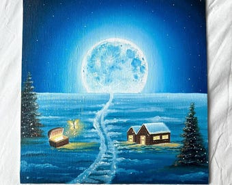 Pintura de paisaje nevado mágico: obras de arte de luna y nieve para los amantes del invierno y la fantasía.