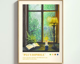 Lámina artística de gouache "Ventana lluviosa": decoración acogedora de otoño y estilo cottagecore.