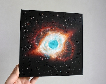 Pintura al óleo de la Nebulosa Helix: Arte astronomía cósmica con caballete, regalo para amantes del espacio.