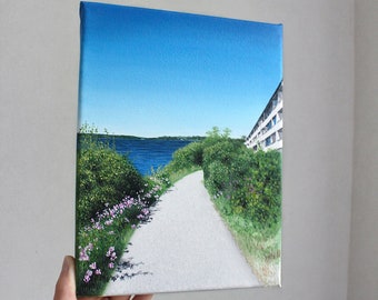 Blissful Summer Stroll" an original painting of a real-life view in Stockholm, nature art,interior decorations, wall art, greenery, ocean