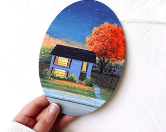 Pintura al óleo de un pueblo japonés: acogedora escena nocturna de estilo cottagecore, arte paisajístico japonés.