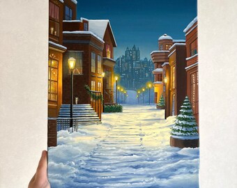 Pintura al óleo de un paisaje invernal nevado (40 x 30 cm)
