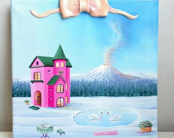 Pintura al óleo de un castillo renacentista: Arte de un país de las maravillas invernal en rosa y azul.