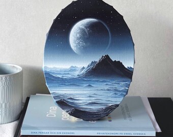 Pintura al óleo original de ciencia ficción, Arte del Planeta Montaña (20 x 15 cm)