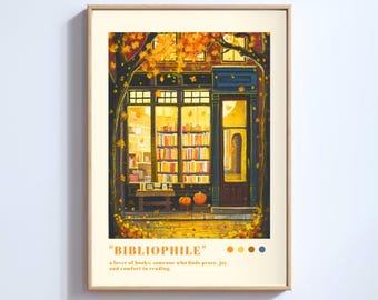 Lámina artística de librería vintage: Decoración de pared acogedora para otoño