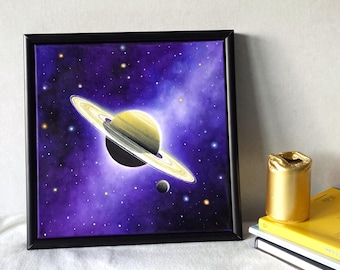 Pintura al óleo de Saturno: Arte mural espacial con la Luna Titán - Enmarcada