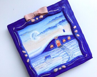 Pintura al óleo de cabaña invernal: Marco de arcilla con lazo hecho a mano, paisaje nevado, estilo cottagecore