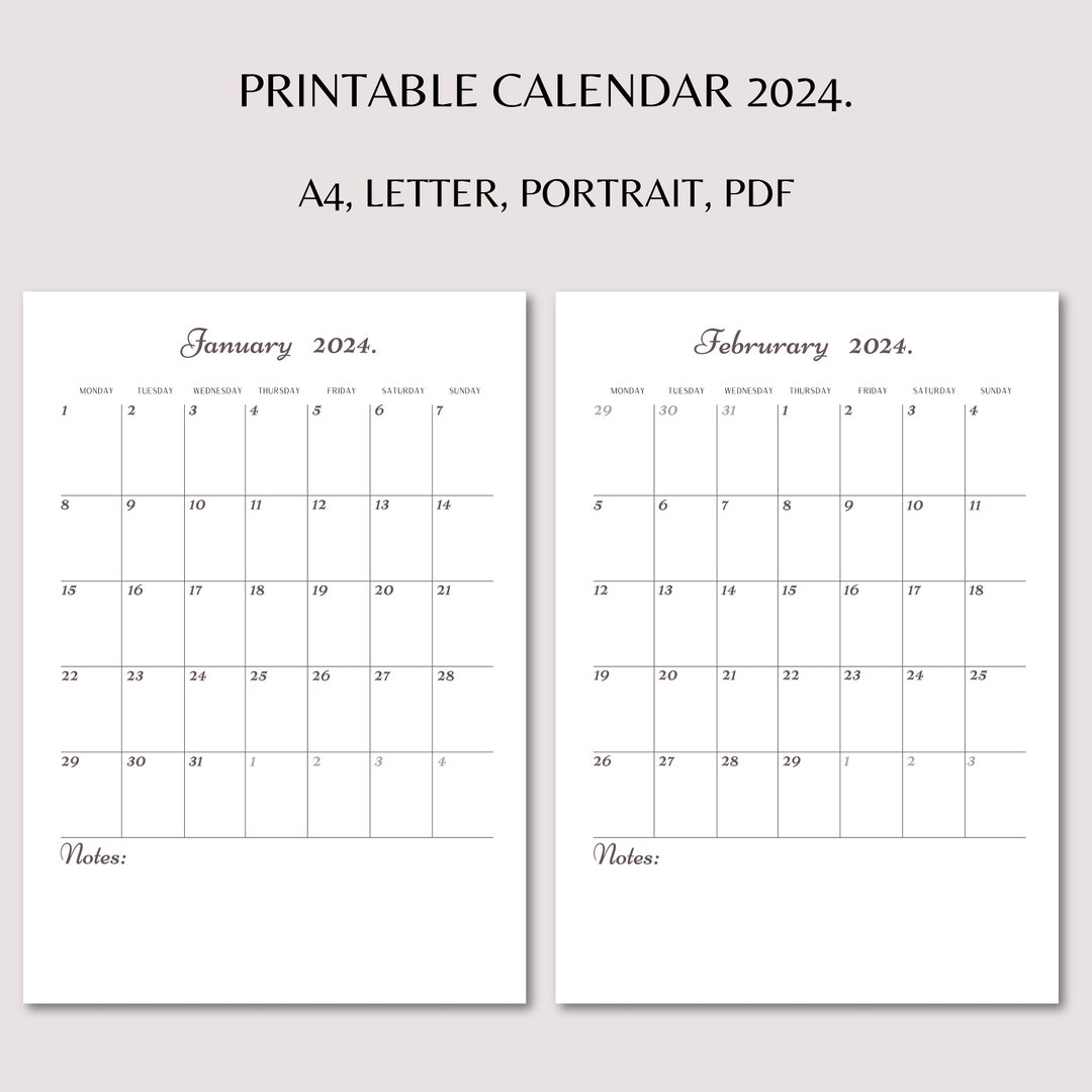 2024 Calendar Planner Printable PDF A4, Letter Portrait Productivity ...