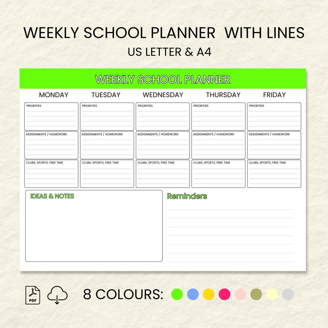 Printable Weekly School Planner | Homework & Study Organizer | PDF ...