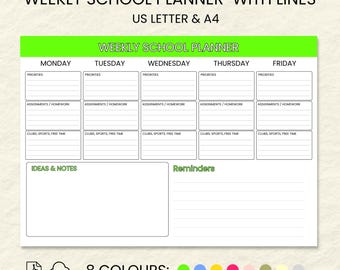 Printable Weekly School Planner | Homework & Study Organizer | PDF | Student Schedule | Instant Download | A4 | US LETTER I 8 Colours