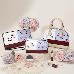 Wristlet Wallet, Long  Slim PU Leather Personalized Gift, Block Cherry Fun Money Holder Purse