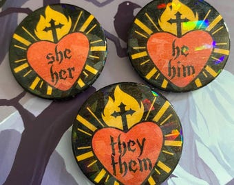 Gothic Holo Pronoun Badge Custom Pronouns, Nonbinary, Transgender LGBT Pride Pin