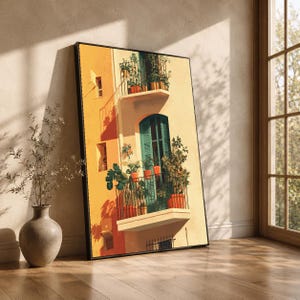 May include: Framed art print showing a balcony scene in a Mediterranean style. The artwork features a building facade with a teal shuttered window and balconies with potted plants. The color palette includes warm yellows, oranges, and greens.