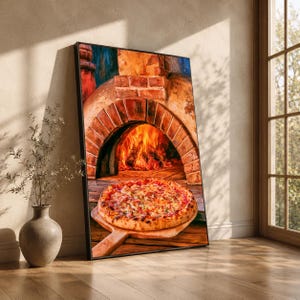 Canvastavla med vedugnsbakad pizza, matkonst i tegelugn, rustik köksinredning, väggdekoration för pizzeria, varmt kulinariskt stilleben