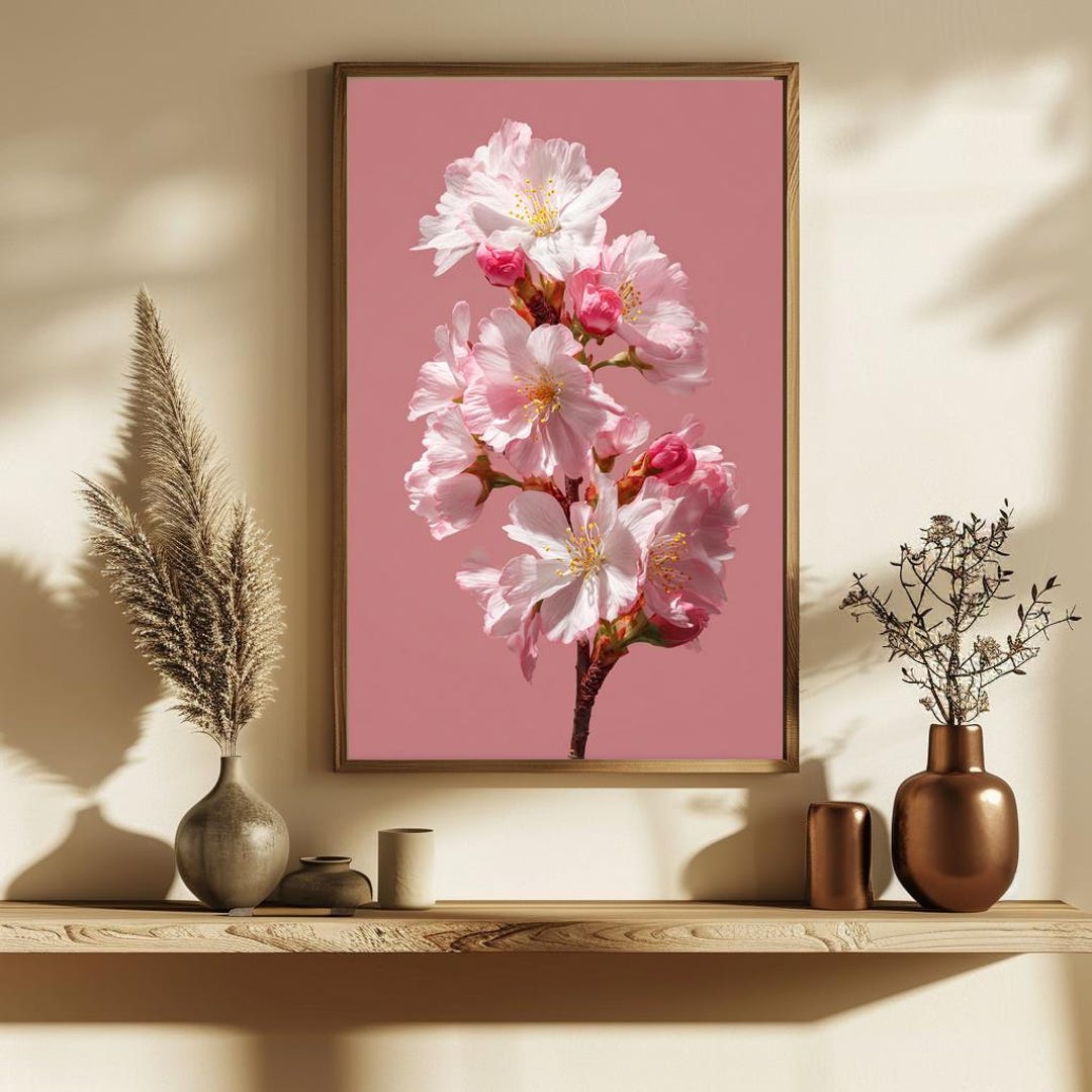 Elegant Cherry Blossom Art Print | Modern Floral Wall Decor | Pink and ...
