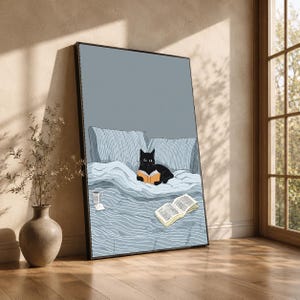 Mysig svart katt som läser på sängen Canvastavla, minimalistisk skandinavisk illustration