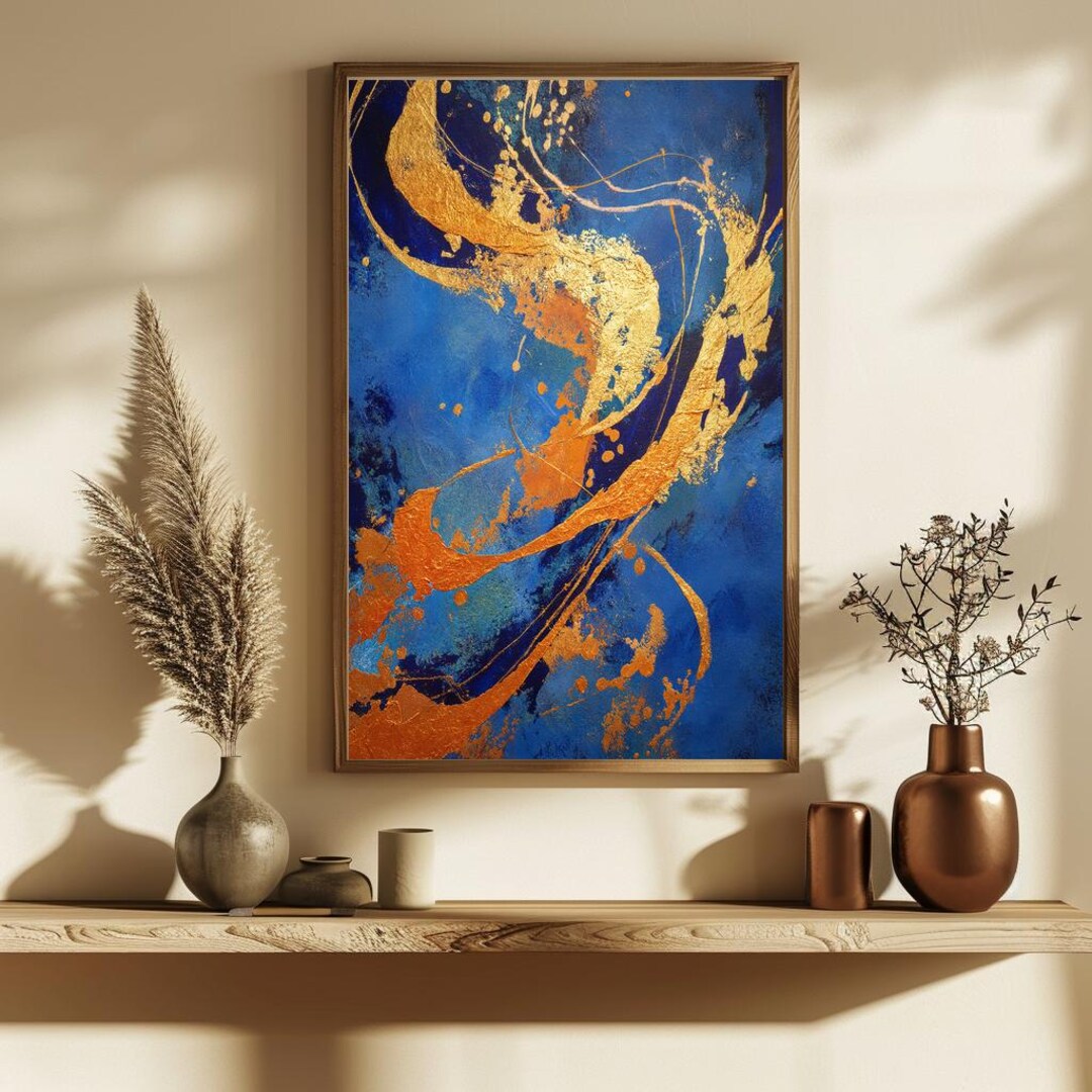 Modern Blue and Gold Abstract Wall Art - Vibrant Printable Decor for ...