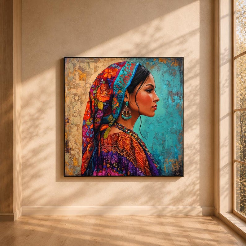 Vibrant Woman Portrait Canvas Print – Colorful Boho Ethnic Wall Art ...