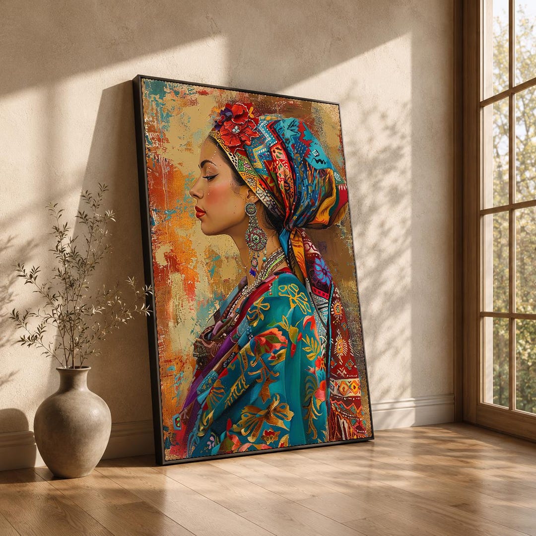 Bohemian Woman Portrait Canvas Art – Vibrant Ethnic Headscarf, Boho ...