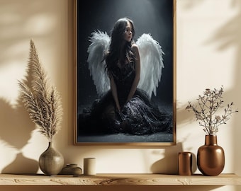 Enchanting Angelic Figure - Ethereal Black and White Printable Art for Modern Decor