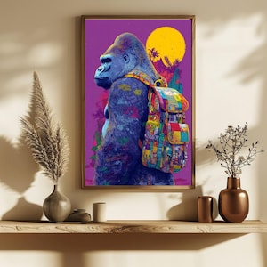 May include: A framed art print featuring a gorilla with blue skin and a colorful backpack, set against a purple background with a yellow sun. The gorilla is facing left, with detailed fur and a thoughtful expression. The backpack has a patchwork design.