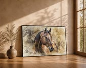 Rustic Horse Head Canvas Wall Art, Digital Watercolor Farmhouse Decor