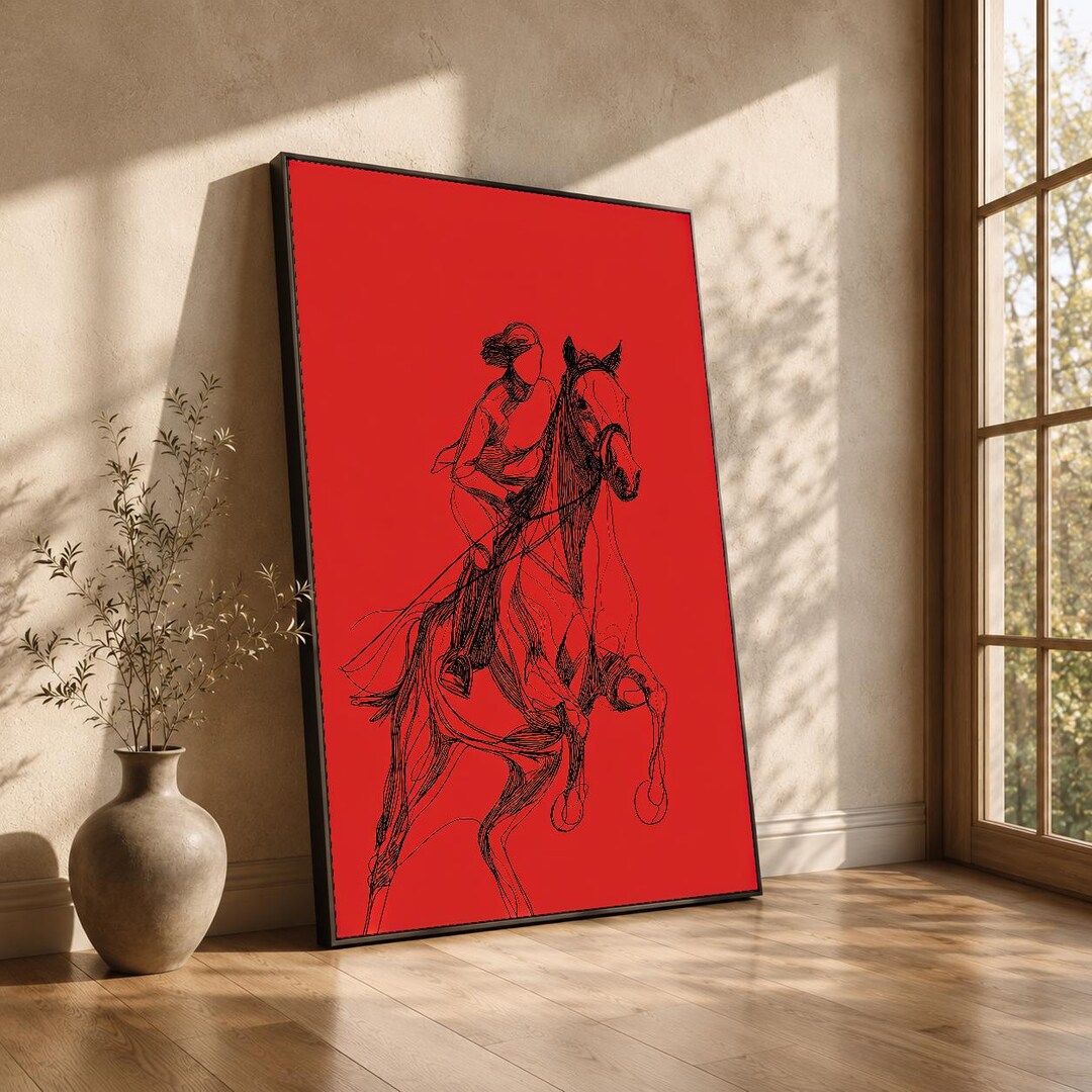 Minimalist Woman Riding Horse Line Art Canvas for Modern Living Room or ...