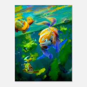 May include: A digital painting depicting three orange and yellow otter-like creatures swimming underwater. The scene features vibrant green aquatic plants, rising air bubbles, and a bright surface reflection, with the artist signature Art by Slins.