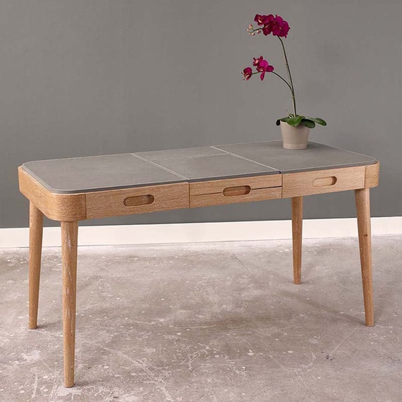 Oak Wood Desk Leather Cover Modern Make Up&dressing Table Etsy