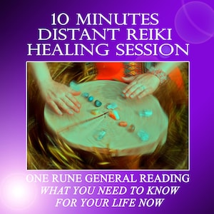 May include: A wooden circle with colorful stones and crystals on top. The text "10 Minutes Distant Reiki Healing Session" is at the top of the image. The text "One Rune General Reading What You Need To Know For Your Life Now" is at the bottom of the image.