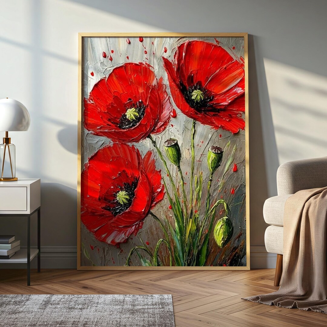 Textured Red Poppy Oil Painting Style Canvas Art, Botanical Floral ...