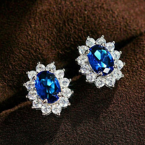 3.2 Ct Oval Cut Sapphire Stud Earrings, Halo Engagement shops Wedding Earrings, 14K White Gold Plated Earring, Friendship Gift, Personalized Gift