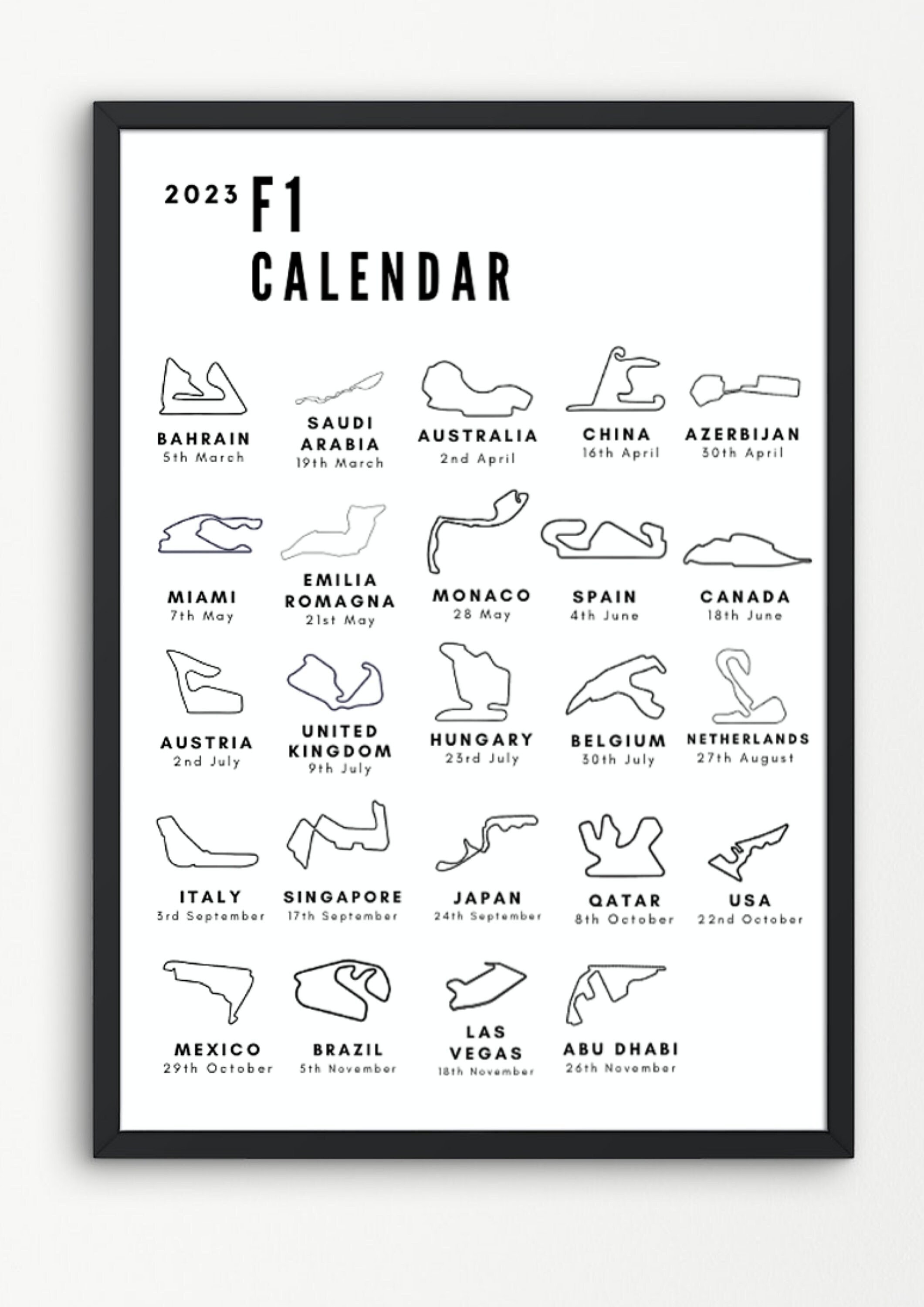 Printable F1 2023 Calendar Wall Art Formula One Poster For Wall