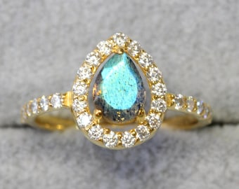 Labradorite & Moissanite Ring Handmade in 925 Sterling Silver with 14k Gold Vermeil, Engagement Ring