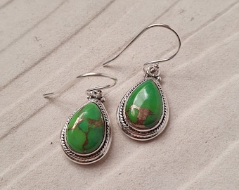 Green copper turquoise earrings, 925 Sterling Silver Earrings, Handmade jewelry, Gift For her, Gemstone earrings, AAA gemstone, lightweight