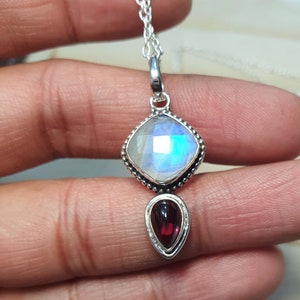 Rainbow Moonstone and Garnet pendant, unique gemstone pendant, Rainbow Moonstone necklace, Garnet necklace, gift under 50, birthstone
