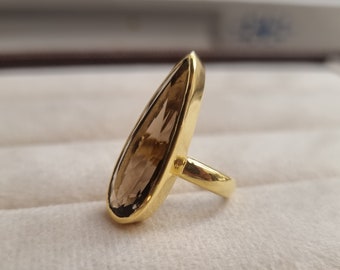 8CT Smoky Quartz Ring Handmade in 14k Solid Gold, Pear Cut Large Engagement Ring