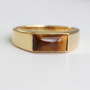 14k Solid gold ring, Natural AAA grade Tiger eye gemstone ring, unisex Gold jewelry, vintage statement ring, january birthstone ring