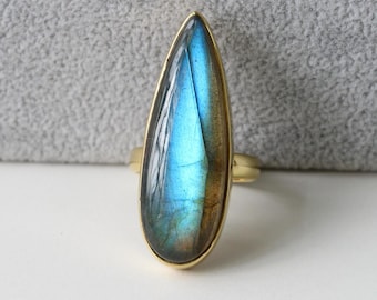 Labradorite Ring Handmade in 925 Sterling Silver with Thick 14k Gold Vermeil