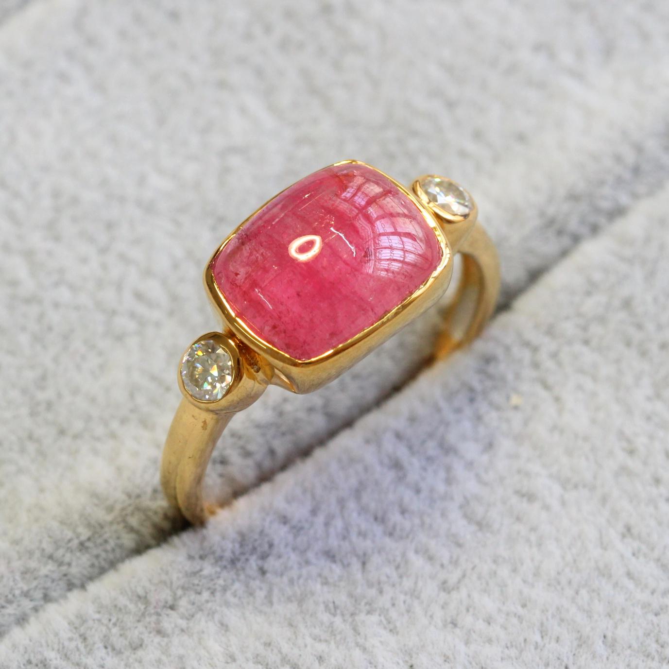 14K gold ring set with AAA grade Pink Tourmaline and moissanite diamonds , Handmade chunky Gold engagement ring for her, October Birthstone