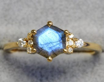 Labradorite Ring Handmade in 925 Sterling Silver with 14k Gold Vermeil with Moissanite