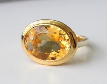 14K gold ring set with large Natural AAA grade Citrine, Handmade 14K Solid Gold, Chunky statement ring for her, November birthstone jewelry