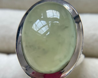 Green Prehnite oval 925 ring, green stone, size 7.75 ethically sourced, Australia stone, handcrafted, statement silver ring, lux ring, OOAK