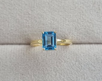 14K gold ring set with Natural AAA grade Blue Topaz, emerald Cut, Handmade 14K Solid Gold, Alternative engagement ring, December birthstone